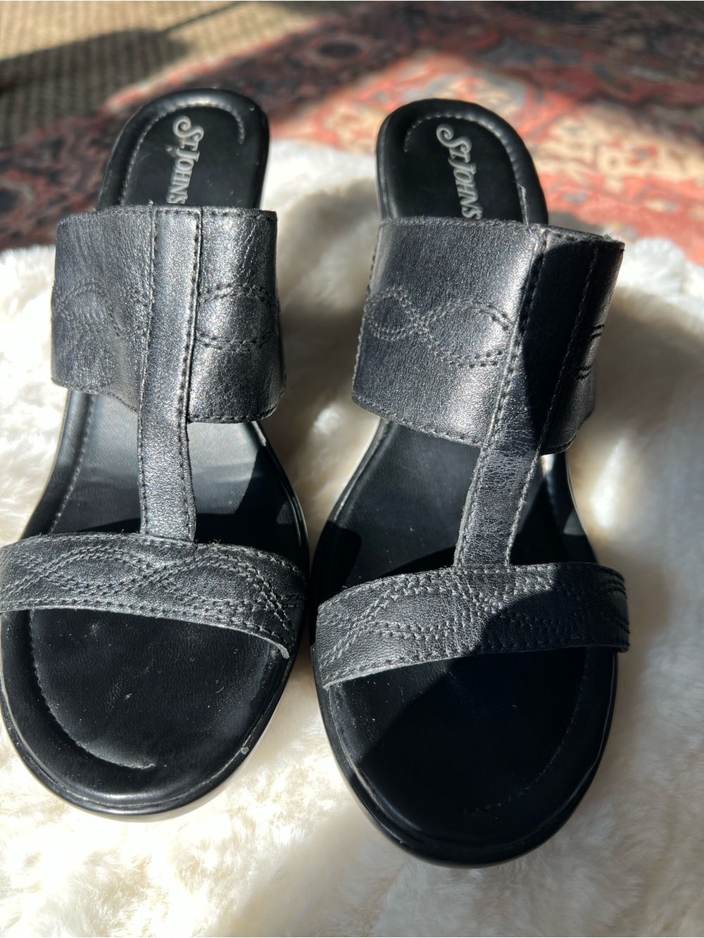 St. John Black Leather Slide Mules